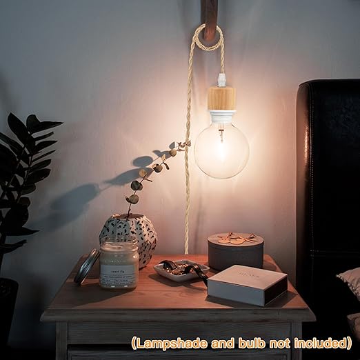 15ft Wood Pendant Light Cord Kit with Shade Ring and ON Off Switch, Hanging Lamp Kit Plug in Cord for Farmhouse, Vintage Swag Light Bulb Cord DIY Twisted Nylon Rope for E26 E27 Socket