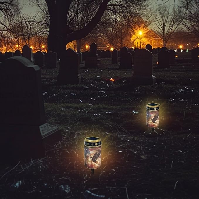 Eagle Flag USA Flag Prayer Cemetery Solar Lights for Grave Cemetery Decor Candle Lamp Cross and Floral Grave Solar Lights