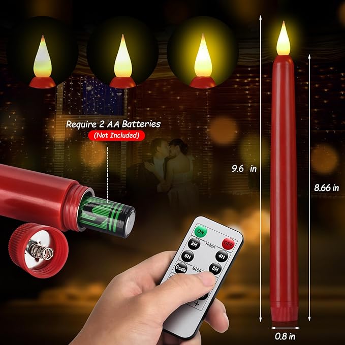 Flameless Taper Candles with Remote Control and Timer, Battery Operated LED Candlesticks with Flickering 3D Flame, 9.6×0.8 Inches Plastic Tall Candles for Christmas, Wedding and Home Decor (Red, 15)