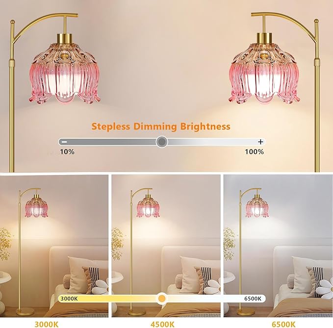 Pink Floor Lamp for Living Room,Bedroom,Glass Gold Dimmable Standing Lamp with Remote,Mid Century Modern Brass Tall Lamp Boho Floor Lamps Arc Stained Tulip Flower Floor Light Lamp Bohemian