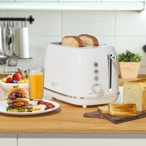 Keenstone 2-Slice Stainless Steel Toaster - Retro Design with 6 Browning Levels & Removable Crumb Tray | White