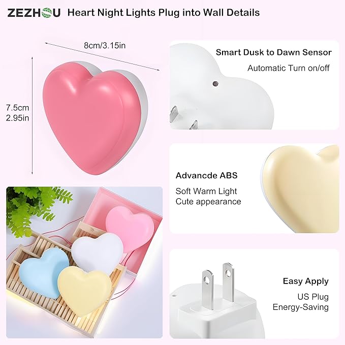 Night Lights Plug into Wall - Cute Heart LED Night Light for Kids, Plug in Nightlight with Smart Auto On/Off Dusk to Dawn Sensor, Soft Warm White Lamp for Bedroom Nursery Living Room Bathroom Hallway