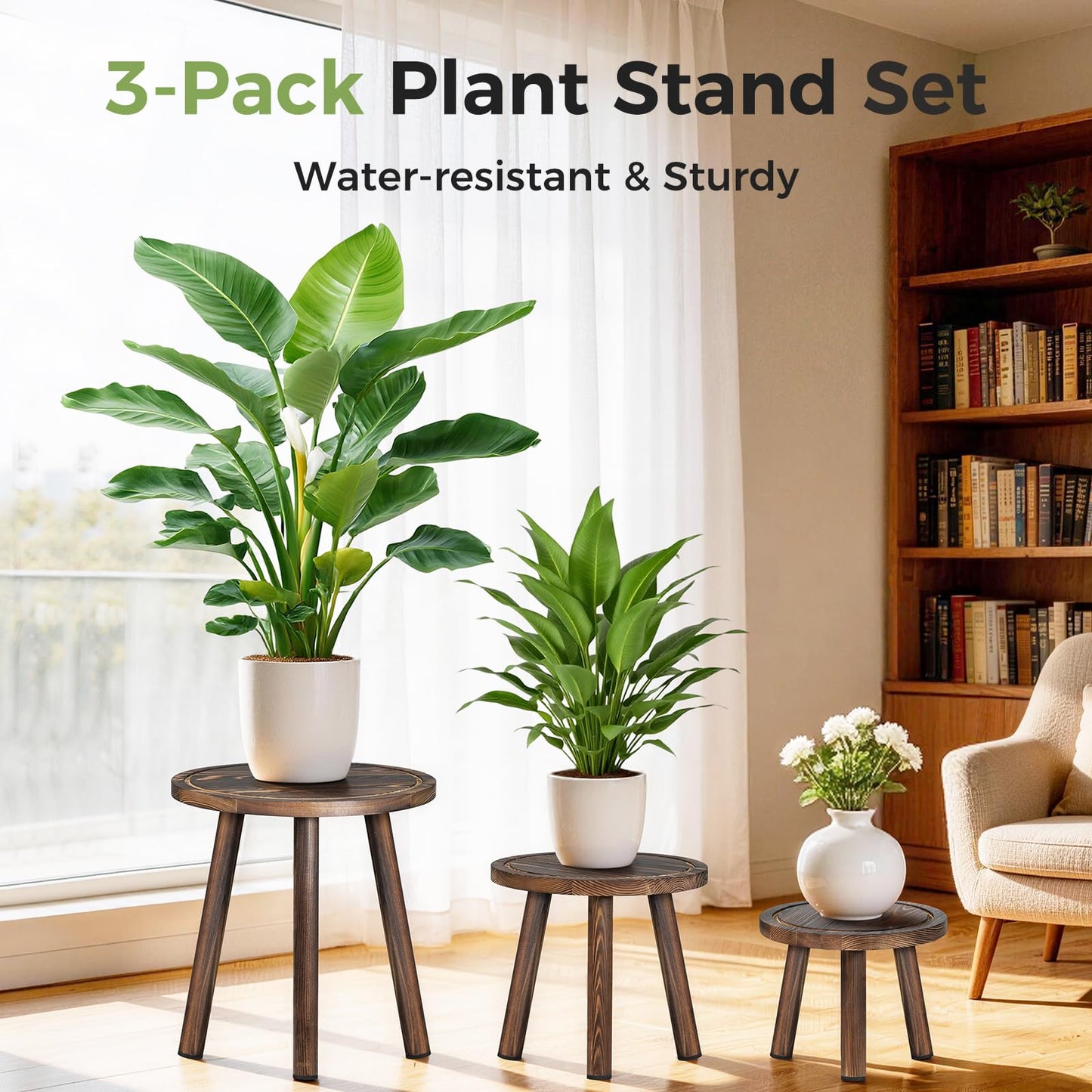 lbsddd 3-Pack Upgrade Thicken Wood Plant Stand Indoor, for 6-12 Inch Pots, Plant Stool Water-resistant Pinewood, Mid Century Modern Decor, Plant Stand 3 Sizes, for Living Room, Balcony, Office(Dark Brown)