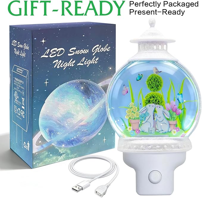 Bunny Night Light Plug-in, Spring Nightlight with Swirling Glitter, Soothing Light Helps Kids Sleep, Rabbit Easter Night Light with USB Cord for Bedroom Nursery Decor Gift