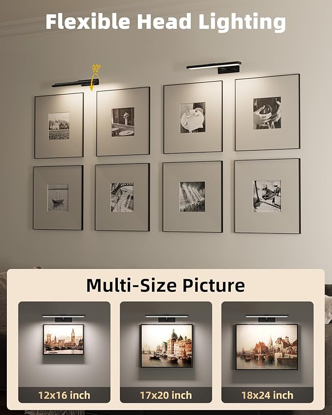 EZVALO Picture Light for Wall, 4800mAh Rechargeable Wireless Remote Battery Lights for Painting, 16In Dimmable Magnetic LED Art Display Light, Colors Temperatures, for Gallery, Living Room,Hallway