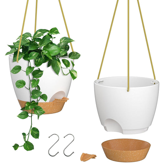 ZMTECH 10 Inch Hanging Planters for Indoor Outdoor Plants, 2 Pack Self Watering Hanging Plant Pots with Drainage Holes and Removable Saucer, Plastic Flower Hanging Pots with Watering Lip (White)