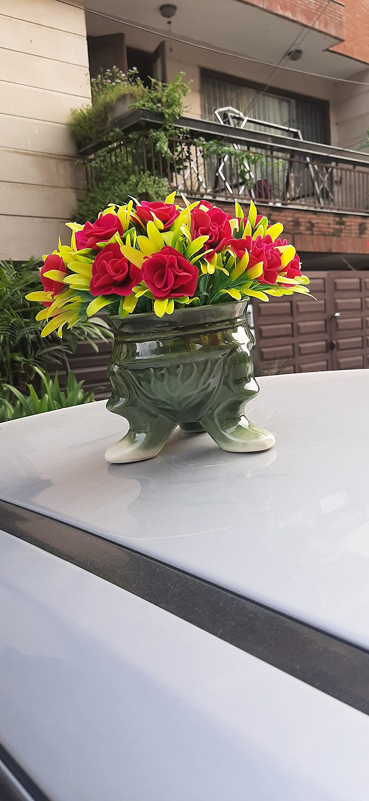 India Meets India Handmade Ceramic 3 Legs Pot Planter [Green] w/Artificial Flower, Decorative Planter for Home Décor/Living Room/Office/Dining Area and Windowsill, 4.5 x 4.5 inches