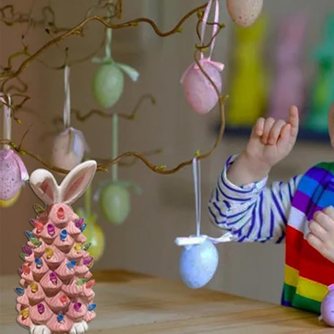 2026 Newly Lighted Easter Bunny Resin Tabletop Tree 6 Inches Pre-Lit Rabbit Figurines with Colorful Lamp Beads and Bunny Ear Top Spring Easter Holiday Decor Gifts