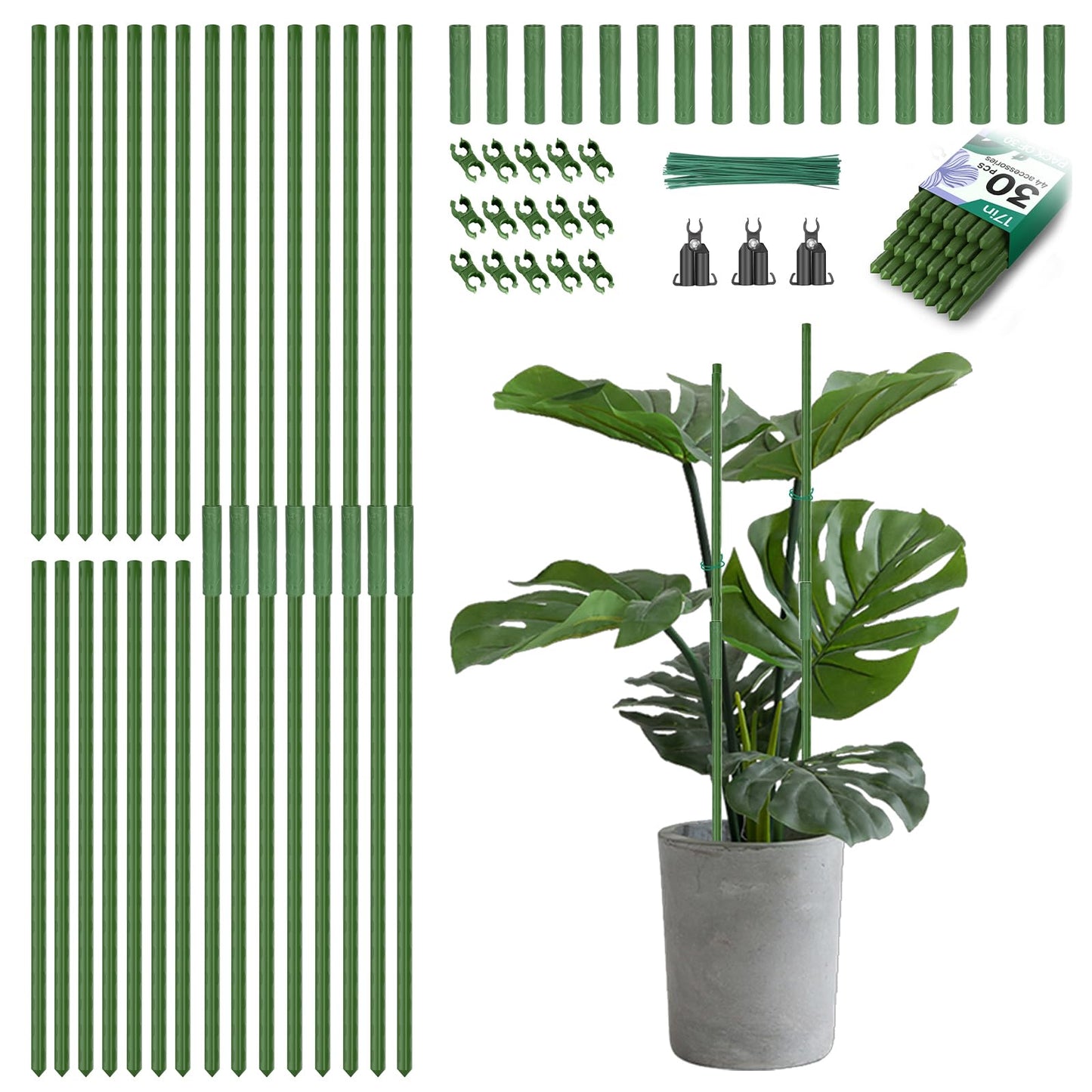 Breeze Touch Garden Trellis for Climbing Plants Outdoor, 30 Pack 17" Tomato Stakes Set with Clips & Connectors,Garden Plant Stakes, Tomato Frame, Cucumber Trellis for Raised Bed & Potted Plants