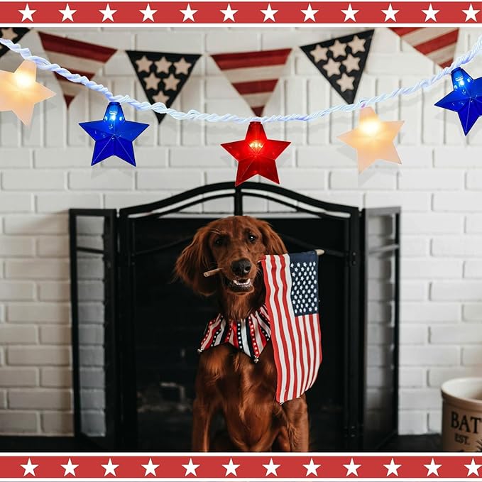 Red White Blue Stars String Lights, 8.5Ft 4th of July Decorations Lights with 10 Red White Blue Lights, Plug in Stars String Lights Outdoor for Independence Day Memorial Patriotic Party Gift Decor