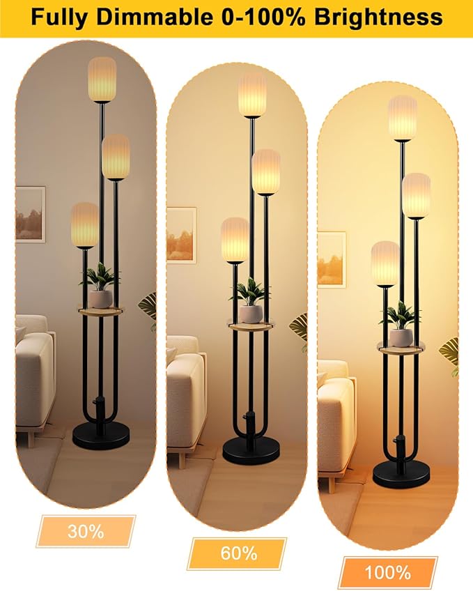 Lightdot Black Dimmable Floor Lamp with Shelf, Modern Floor Lamps with Oval Striped Lampshade& Bulb Included 3-Lights Candle Holder Style Tall Lamp for Living Room/Bedroom/Sofa Beside/Corner Decor