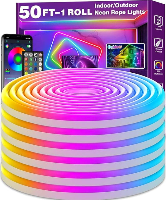 AILBTON 50Ft Neon Rope Lights,Flexible Led Rope Lights Control with App/Remote,Multiple Modes Rope Lights,IP65 Outdoor RGB Led Neons Lights,Music Sync Gaming Led Neon Light Strip for Bedroom Decor