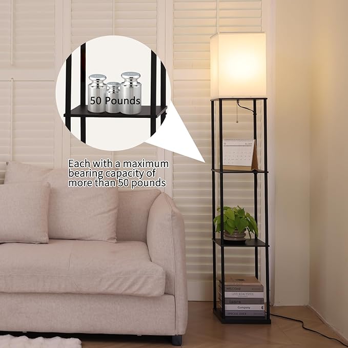 Floor Lamp with Shelves, with Modern Square Standing Lamp with Smart APP Control RGB Bulb, Corner Display Bookshelf Lamp for Living Room, Bedroom and Office (black-9RGB)