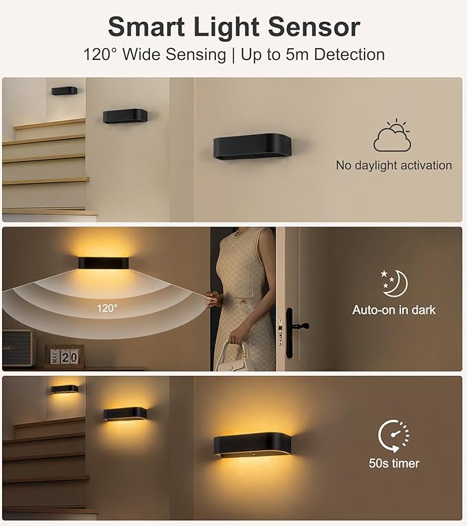 2Pcs Motion Sensor Wall Light with Remote Control, LED Indoor Up and Down Wall Sconce, 6000mAh Rechargeable Battery Powered Wall Lamps, 3 Colors Wireless Wall Lamp, Brightness Adjustable