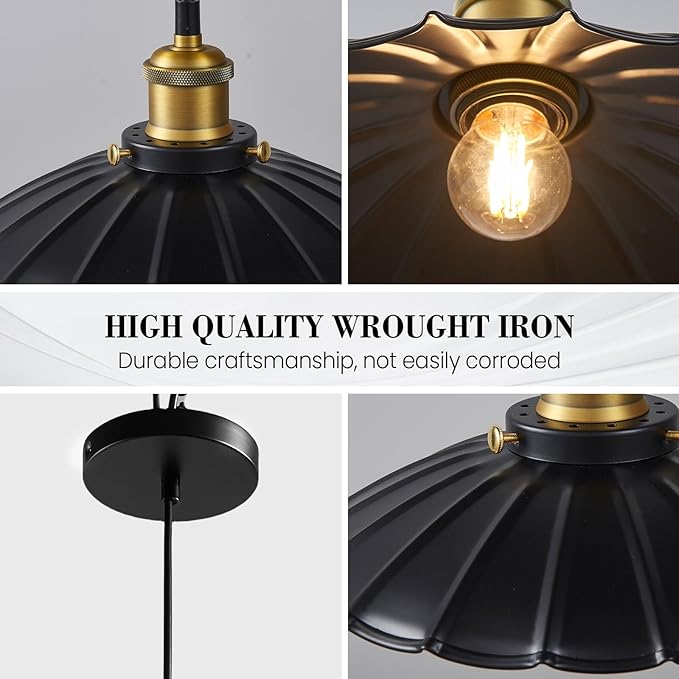 2Pack Black Pendant Light, 9.8 Inch Retro Hanging Lamp for Bedroom, Glossy Hanging Kitchen Lights Living Room 6.5Ft Height Adjustable Indoor Pleated Pendant Light