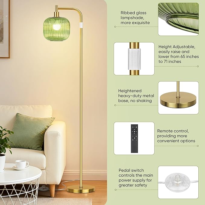QiMH Glass Floor Lamp for Living Room, Modern Standing Lamp with Green Ribbed Glass Lampshade, Remote Control & Adjustable Height, 65” - 70”Tall Lamp for Bedroom Study Room, Brushed Gold