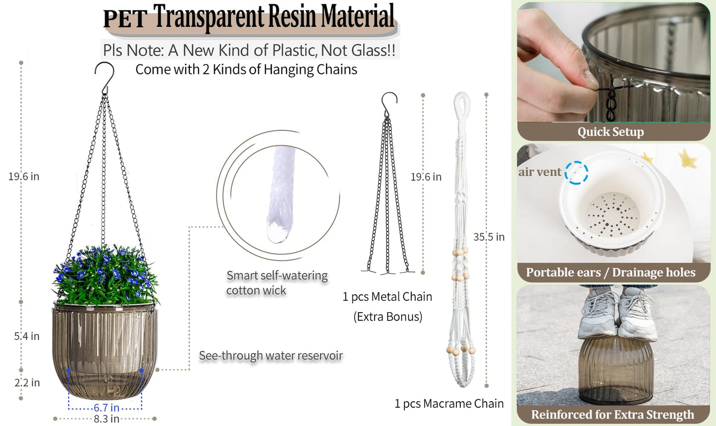 Melphoe Self Watering Hanging Planters for Indoor, 1 Pack 8.3 Inch Outdoor Hanging Plant Pot Basket, 2 Kinds of Plant Hangers Macrame 35.5’’ & Metal Chain 19.6’’ for Garden Home Decor