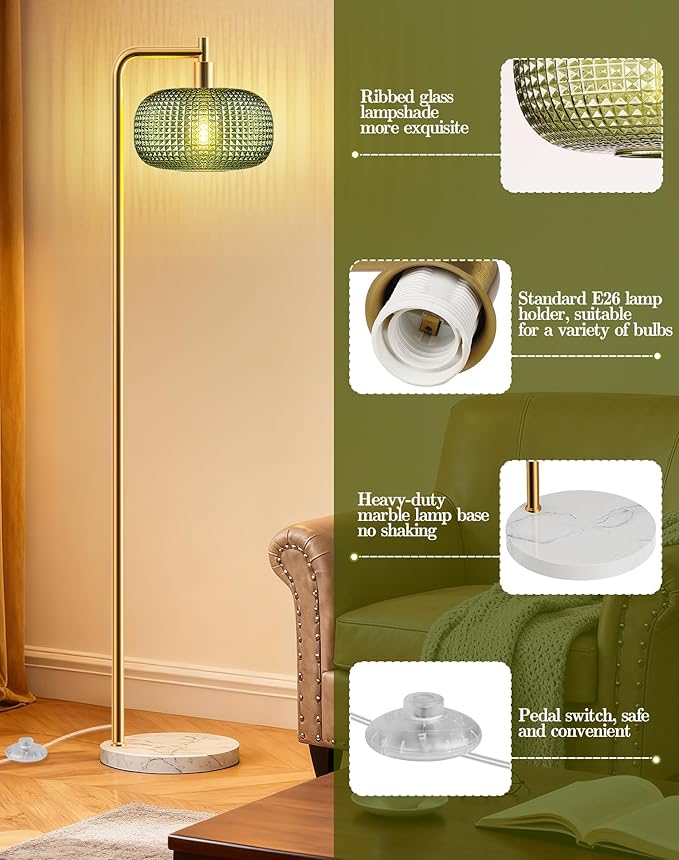 QiMH Gold Floor Lamp for Living Room, Mid Century Modern Standing Lamp Brass Tall Lamp with Green Glass Lamp Shade Marble Base, Large Vintage Retro Floor Lamps for Bedroom Home Decor