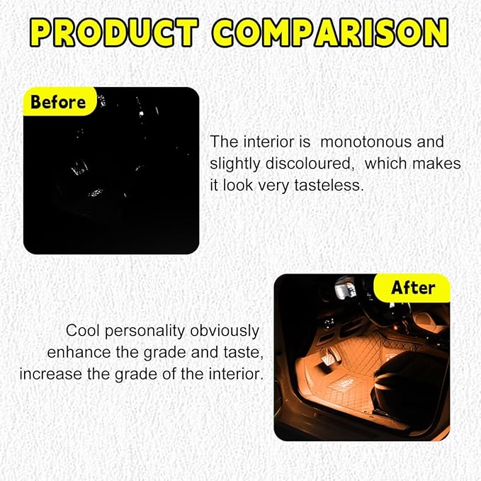 Car LED Strip Light, 48 LEDs RGB Neon Interior Atmosphere Lights, 12V Under Dash Ambient Night Light, USB Port Auto Interior Decorative Lamp, Universal Car Accessories (Orange-Yellow)
