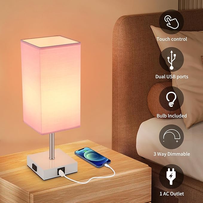 Touch Control Bedside Lamp - 3-Way Dimmable Table Lamps with USB C+A Port and Outlet, Nightstand Lamp for Bedroom Decor and Living Room,Pink
