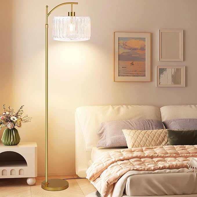 Glass Floor Lamp for Living Room,Bedroom,Gold Dimmable Standing Lamp with Remote,Brass White Tall Lamp Boho Mid Century Modern Floor Lamps Arc Floor Light Lamp Bohemian