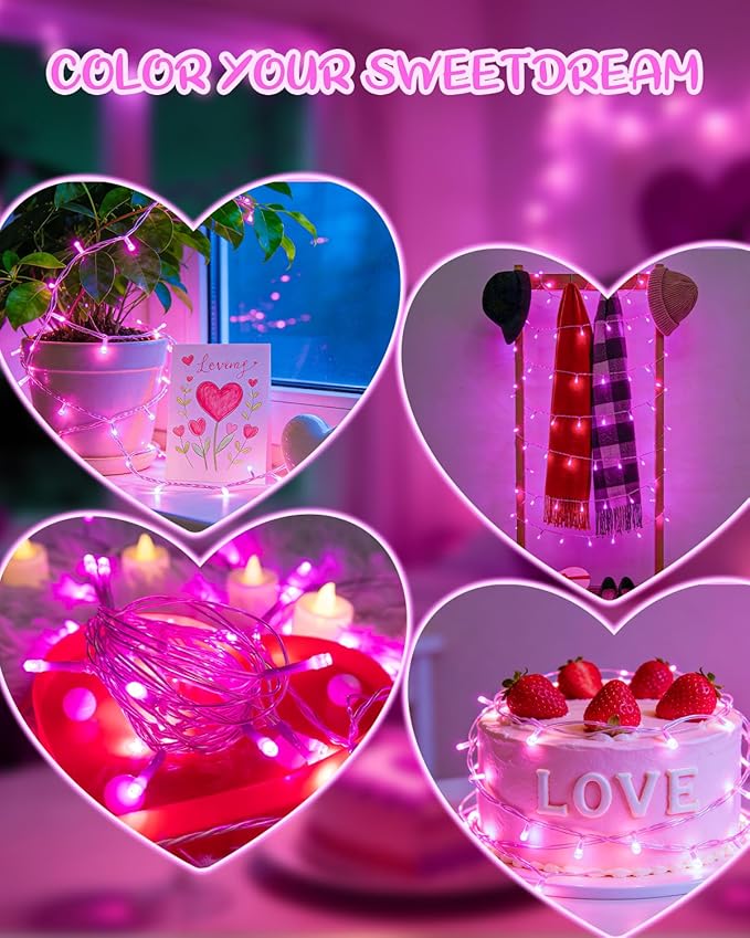 Pink String Lights Battery Operated, Valentine’s Day Lights with Timer Waterproof 16.4ft 50 LED Valentines Decorations for Outdoor Indoor Patio Party Garden Yard Decor 2 Packs