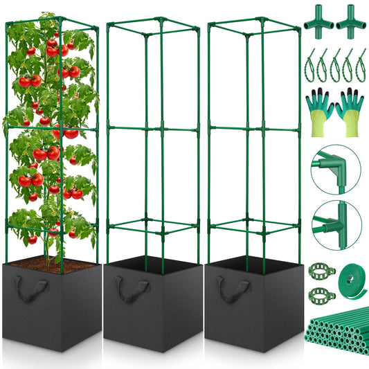 LifeisLuck 3 Pack Tomato Cage for Garden, Upgraded Fiberglass Garden Trellis with 3 PCS Grow Bags, Square Tomato Planter Support Garden Cages for Cucumber Vegetables Vertical Climbing Plants