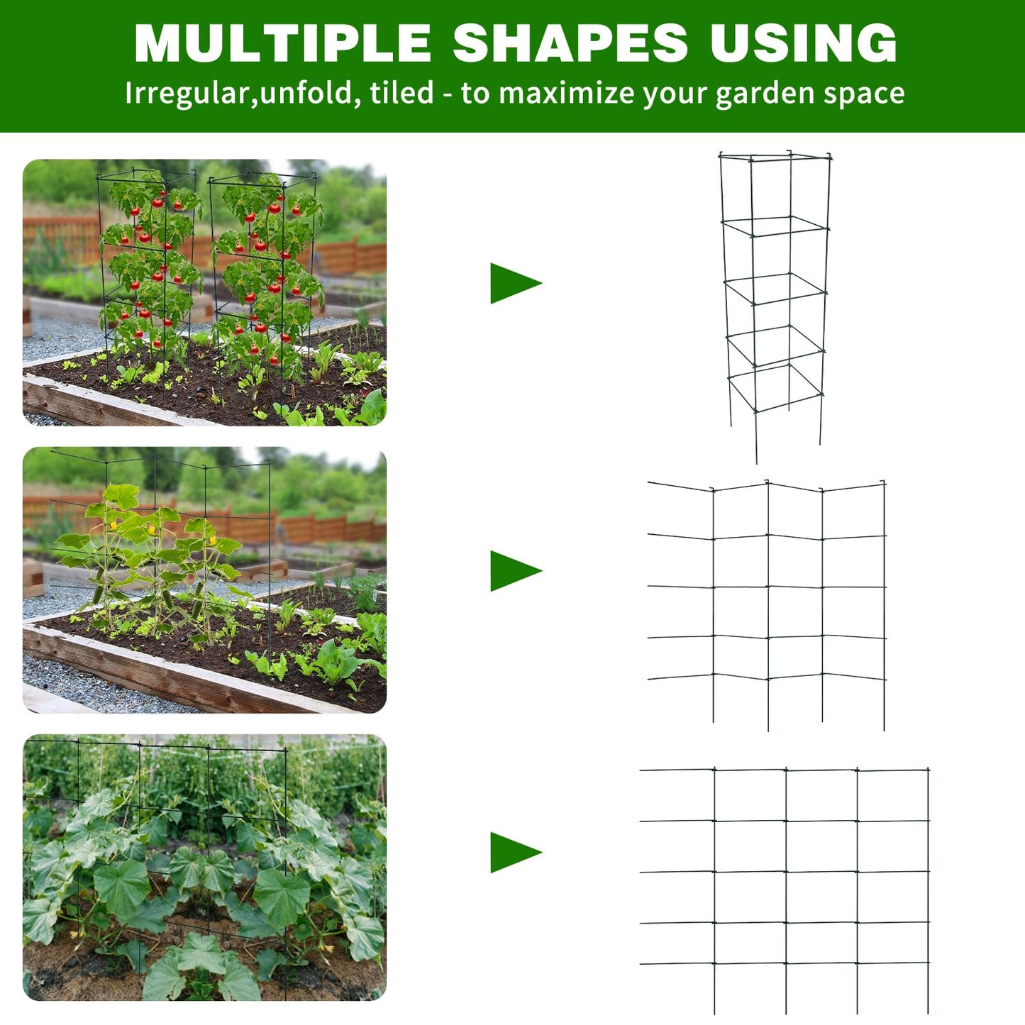 LAKNUAL 6 Packs Tomato Cages for Garden, 12"×12"×48" Plant Support Cage with Different Spacing, Green Metal Trellis for Climbing Plants Like Cucumber, Flowers