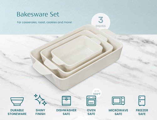 Kook Ceramic Bakeware Set - Versatile Rectangular Dishes for Casseroles & Lasagna | Set of 3, Ivory