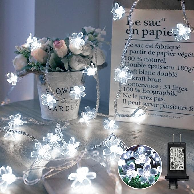 LAMPHOME White Flower String Lights, 33ft 100 LED Cherry Blossom Plug in Easter Christmas Tree Hanging Fairy Lamp, 16funstions Garden Bedroom Indoor Decorations for Fence, Wedding Birthday Party