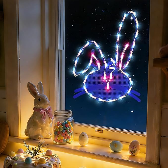 17" 40LED Lighted Blue Bunny Easter Decor, Gentle Warm Glow for Mantel, 120V Plug-in, UL Certified, Delicate Gift Box Packed