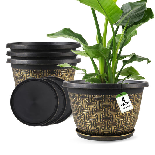 Nooulap 4 Pack 16 Inch Planter,Large Plastic Flower Pots Outdoor Indoor with Drainage Holes & Trays, Retro Antique Imitation Decorative Garden Plant Pots Outdoor for Houseplants