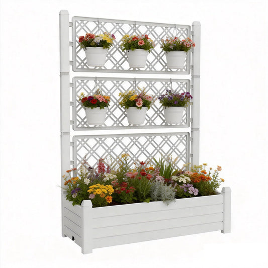 Tramull 5' Tall Raised Garden Bed with Trellis, Self Watering Planter Box for Outdoor Climbing Plants Resin Garden Lattice for Vegetables, Flowers, Tomato & Vine with Drainage Holes (Ashen, 1 PC)