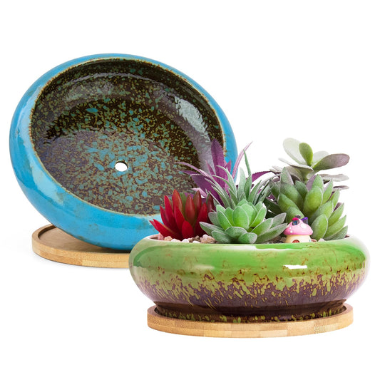 ARTKETTY Succulent Pots, 7.3 Inch Succulent Planters with Drainage Pack of 2, Shallow Bonsai Pot with Tray Ceramic Pots for Indoor Plants Large Cactus Flower Plant Bowl