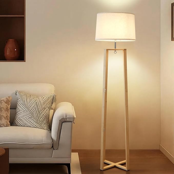 66" Bamboo Corner Floor Lamp with Linen Shade, Boho Rustic Standing Lamp for Living Room Bedroom Office, Modern Natural Tall Floor Lamp with E26 Base