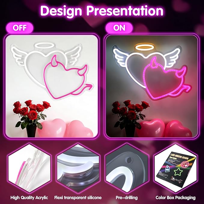 ‌Valentine's Day Lights Decor for Wall & Window: Heart Neon Sign‌,Party Light Up Valentine's Day Decorations‌,Dimmable USB Powered LED Lamp‌,Heart Night Light for Bedroom Art Decor‌,16''x11'' Heart-Shaped Night Light