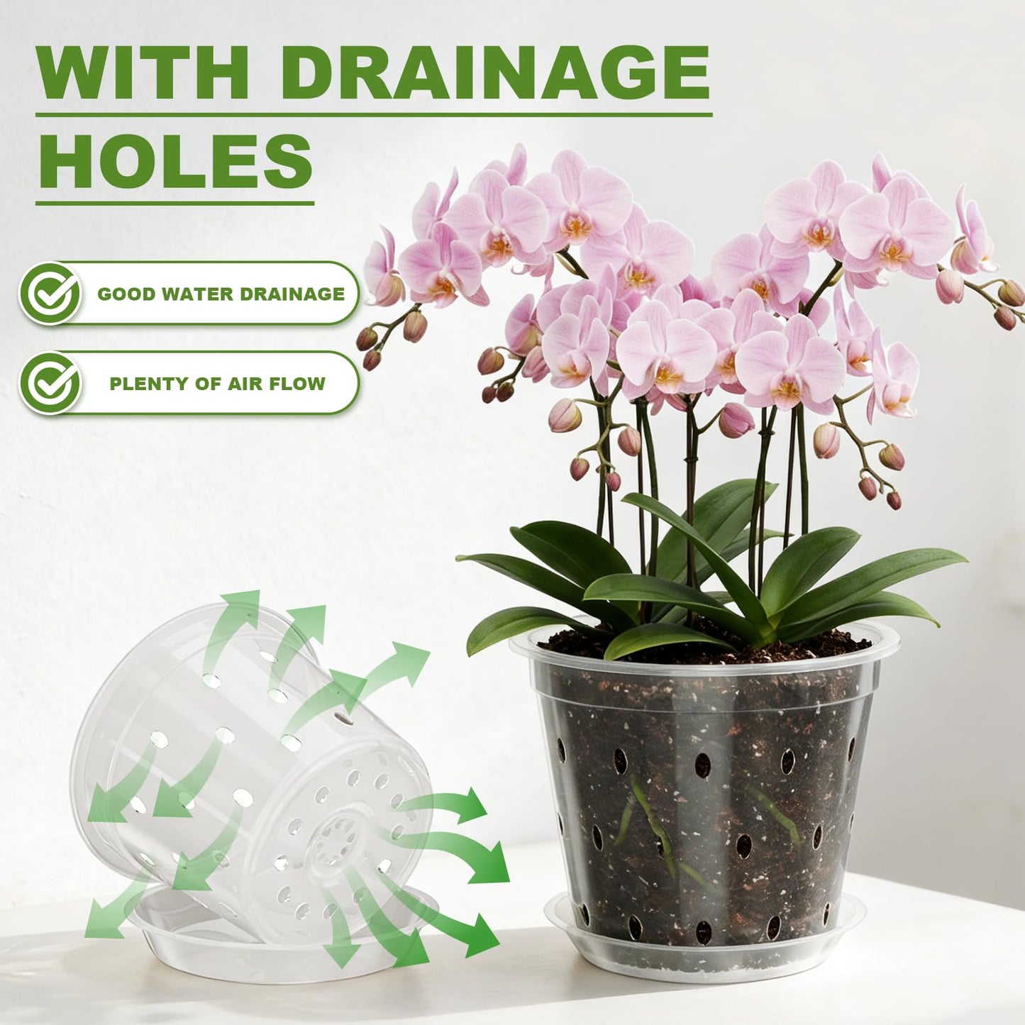 14 Pack Clear Orchid Pots with Holes, 4, 5, 6, 7 Inch Plastic Orchid Pot with Drainage for Repotting, Includes Saucers and Plant Stakes, Large Small Breathable Plant Pots for Indoor Outdoor Use