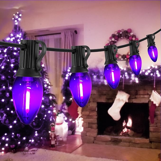 C7 Purple Halloween Lights Outdoor Indoor, 10FT Waterproof LED String Lights with Black Wire for Patio, Window, Door, Party Backdrop Décor
