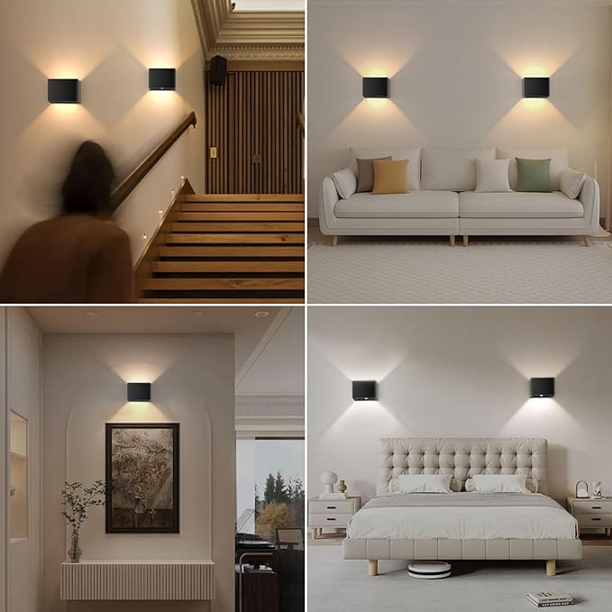Motion Sensor Wall Light with Remote Control, Rechargeable Battery Operated Wall Sconce with 3 Colors, Wireless Magnetic Wall Lamp, LED Indoor Up and Down Wall Mount Light, Black, 2-Pack