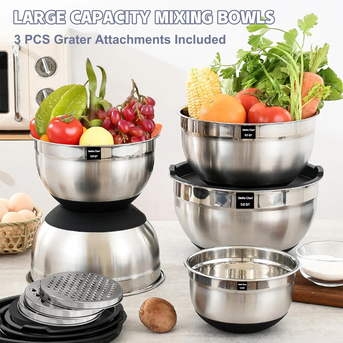 Umite Chef Mixing Bowls - 8PCS Stainless Steel Set with Airtight Lids & Grater Attachments | Non-Slip Bottoms, Black, 1.5QT to 5QT