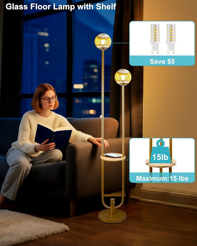 Lightdot Glass Floor Lamp with Tray, 2Pcs 3000K Warm White Bulbs Included, Mid Century Modern Standing Lamps, Gold Dimmable Globe Floor Lamp for Living Room/Wedding/Party//Sofa Beside/Corner Decor