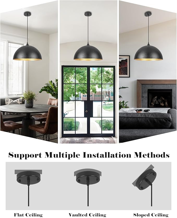 16 inch Black and Gold Pendant Light 1 Pack, Hammered Large Industrial Pendant Lights Kitchen Island, Black Dome Pendant Light for Kitchen Island, Dining Room, Bar