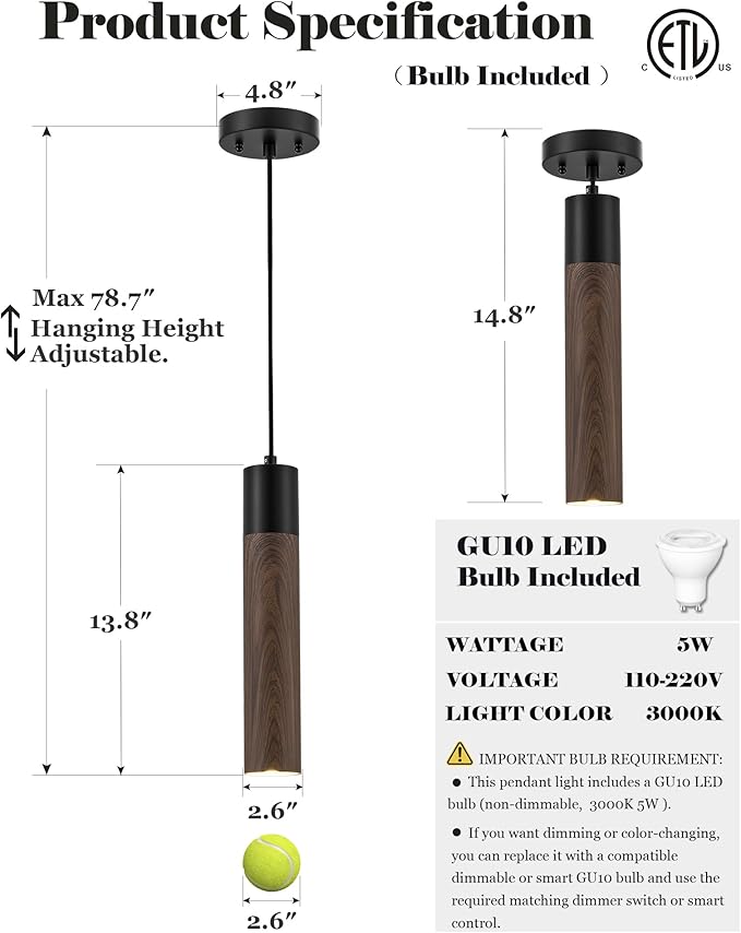 ELYONA Modern Pendant Light Fixtures, Walnut Wood Grain & Matte Black Metal, Industrial Cylinder Hanging Pendant Light for Kitchen Island Dining Room Bedroom Living Room, GU10 LED Bulb Included