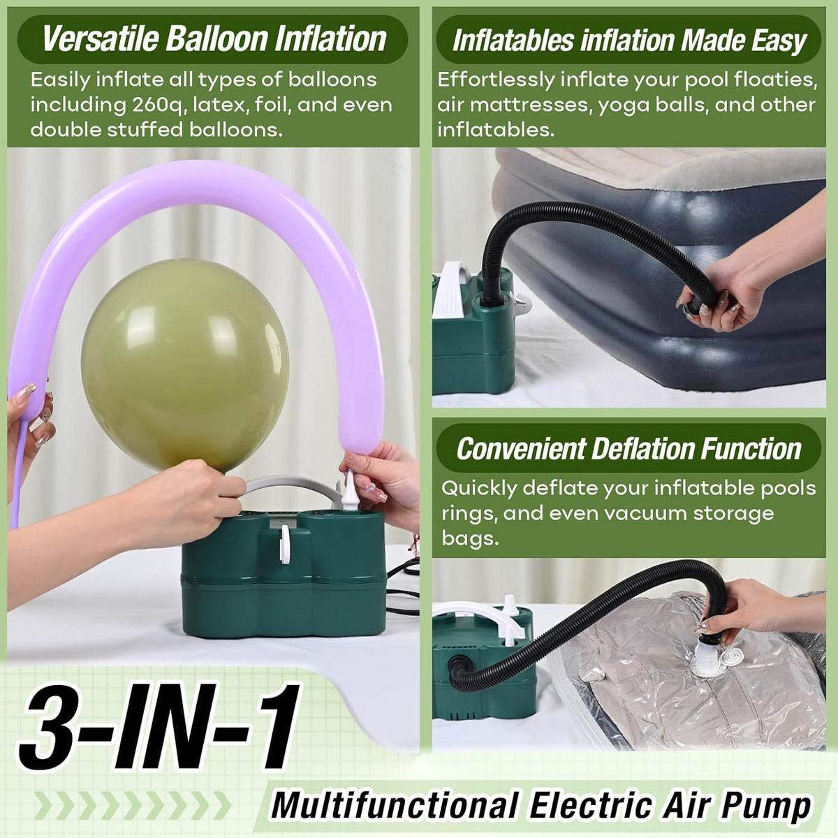 Skiennix 3-in-1 Electric Balloon Pump - Portable Dual Nozzle Inflator for Latex & Foil Balloons | 110V AC