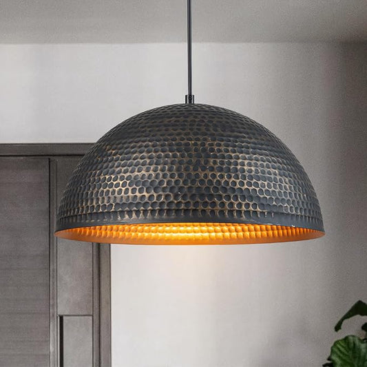 15.7 in. Black and Gold Hammered Pendant Light Fixtures, Industrial Metal Dome Shade, Pendant Lights Kitchen Island, Pendant Light for Kitchen Island and Dining Room