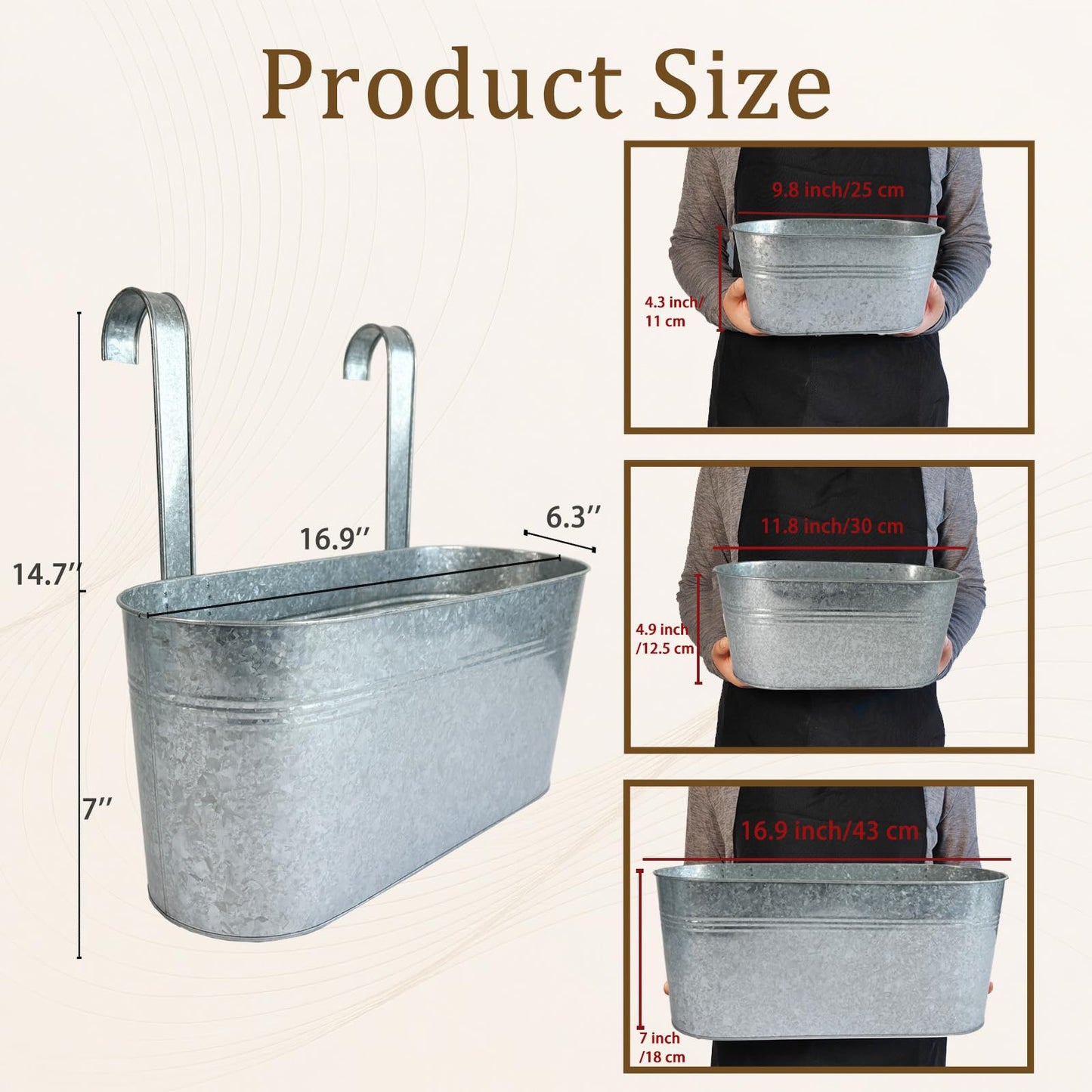 Joyfernal Balcony Galvanized Hanging Planters Railing Flower Pots, Outdoor Metal Fence Planter Pot with Detachable Hooks Drain Hole for Garden Patio Yard Decor (17 Inch, 4Pcs)