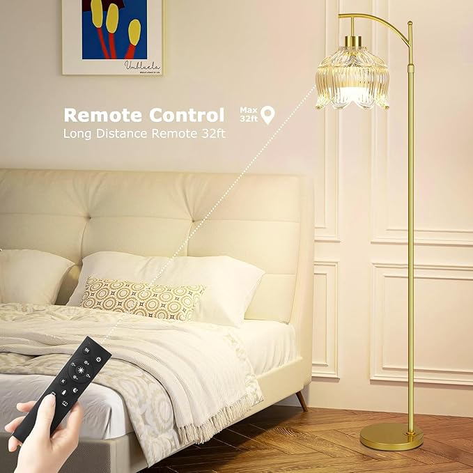 Flower Floor Lamp for Living Room,Bedroom,Gold Dimmable Standing Lamp with Remote,Glass Mid Century Modern Brass Tall Lamp Boho Floor Lamps Arc Stained Floor Light Lamp Bohemian
