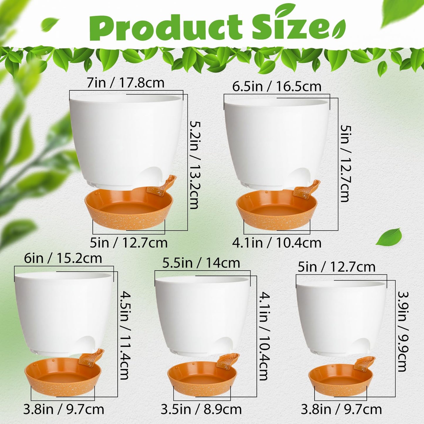 Remerry 15 Pcs 7/6.5/6/ 5.5/5 Inch Self Watering Planters with Drainage Hole Plant Pots Plastic Flower Pots Self Watering Pot and Saucer Reservoir for Garden Plant Flower (White)