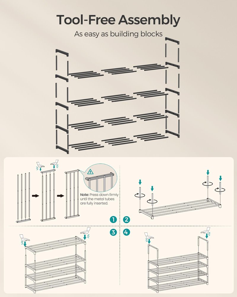 SONGMICS Shoe Rack, 4-Tier Shoe Organizer, Metal Storage Shelf, Upright or Upside Down, for 25-30 Pairs, Stackable, for Entryway, 11.8 x 46.1 x 28.4 Inches, Black ULSA034B01