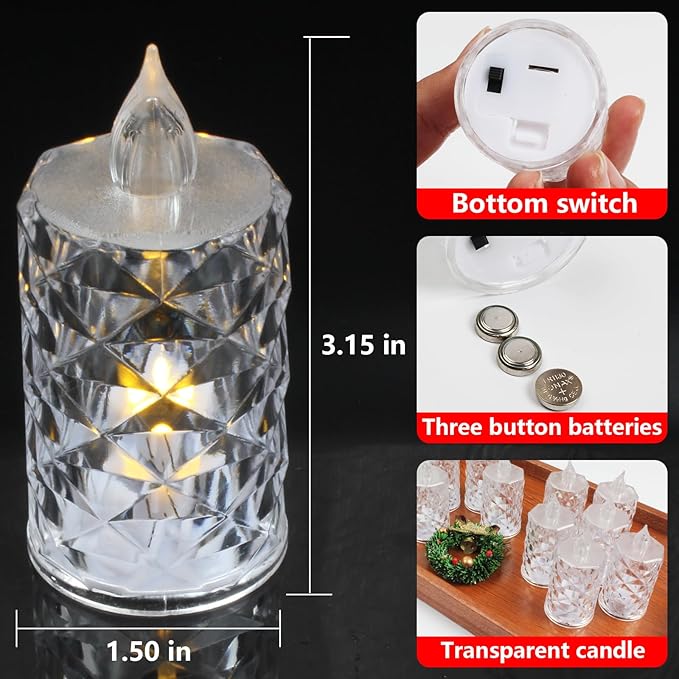 12 Pack Flameless Candles, Battery Operated with 200+ Hour Runtime, Realistic Crystal Type LED Lights for Dining Table, Valentine‘s Day, Halloween, Christmas Home Decor